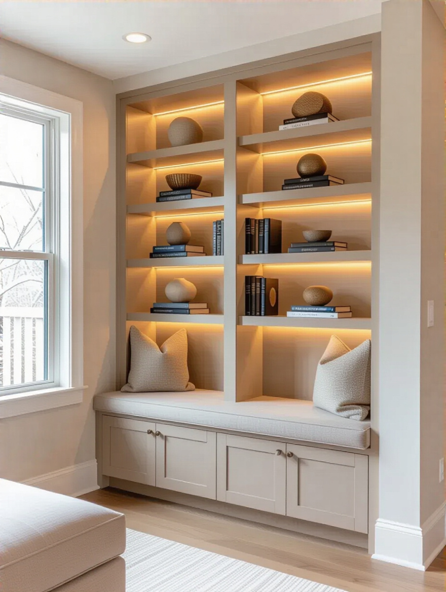 Small living room corner with custom built-in shelving integrated into an awkward nook with books and decorative items