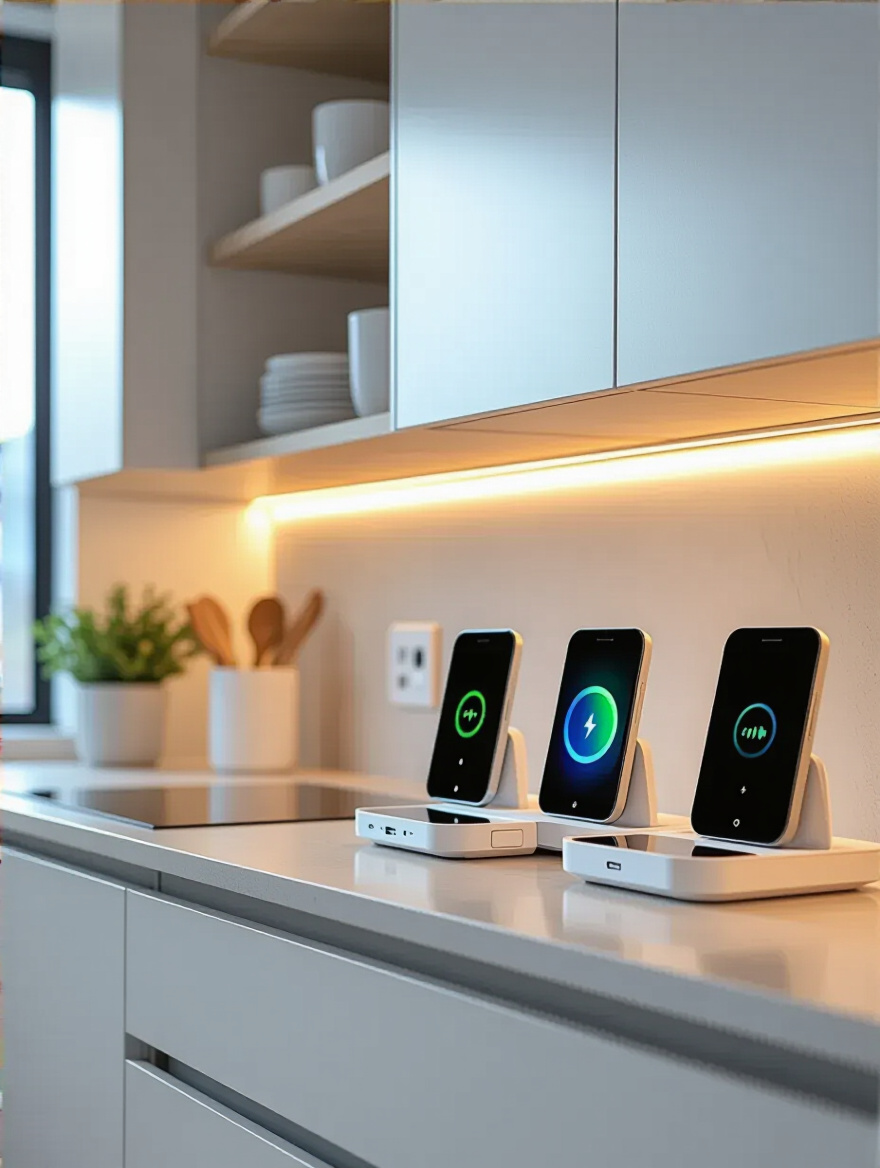 Modern kitchen cabinet with discreet charging stations and smart device storage