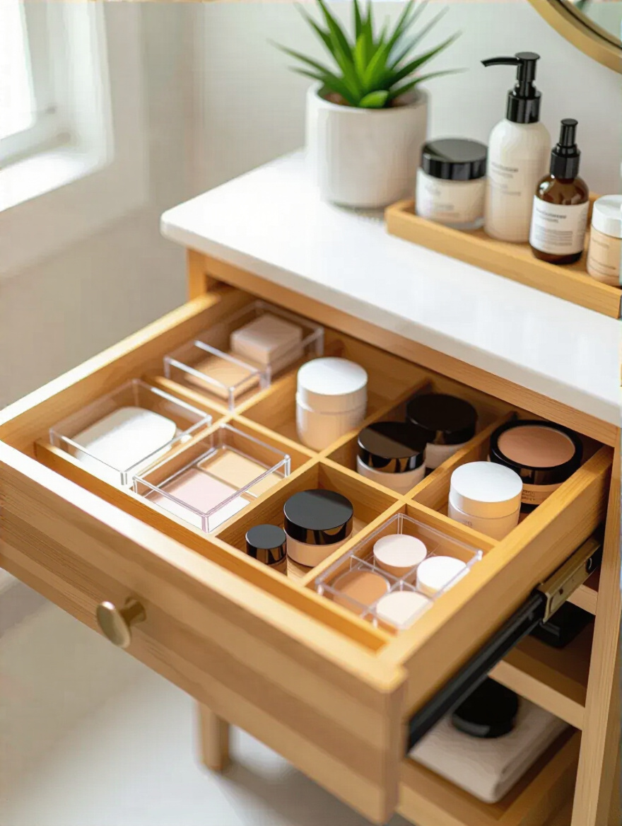 Small bathroom vanity drawer neatly organized with modular drawer organizers and tiered trays for smart vertical storage