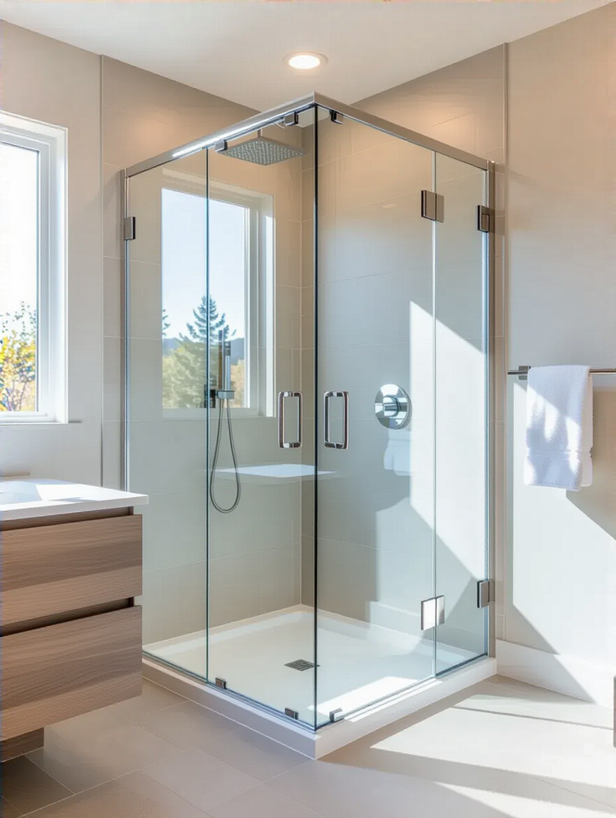 Small modern bathroom with frameless glass shower enclosure creating an open and bright space