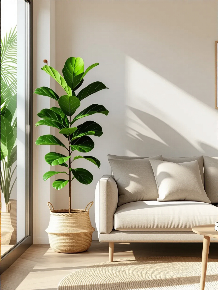 Modern living room with a tall fiddle leaf fig plant in a woven basket beside a neutral sofa, showcasing integration of greenery for life and freshness
