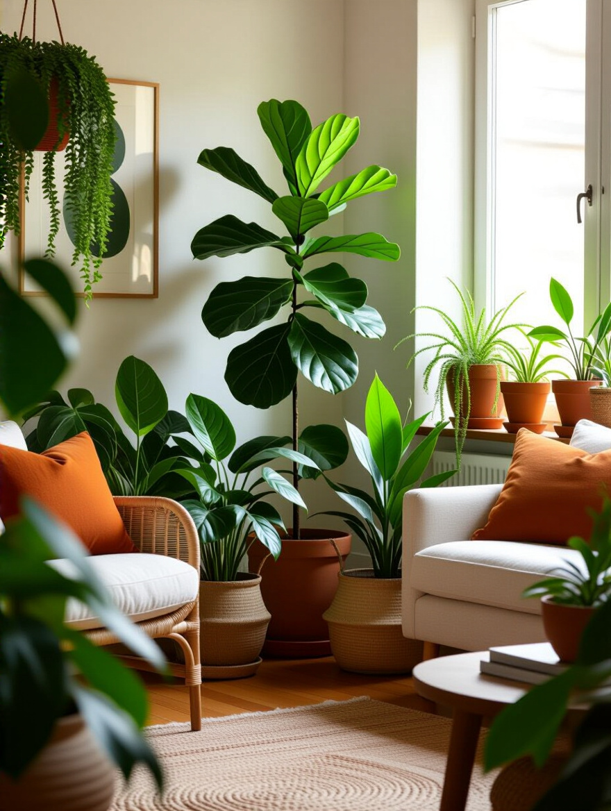 Eclectic living room with lush greenery and diverse houseplants in varied planters, showcasing organic forms and vibrant natural colors.
