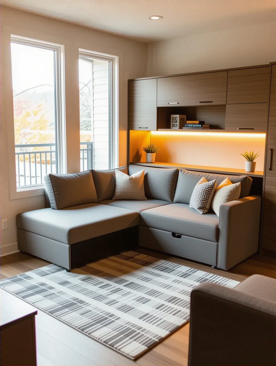 Small modern living room with multipurpose sofa bed and integrated workstation, no people