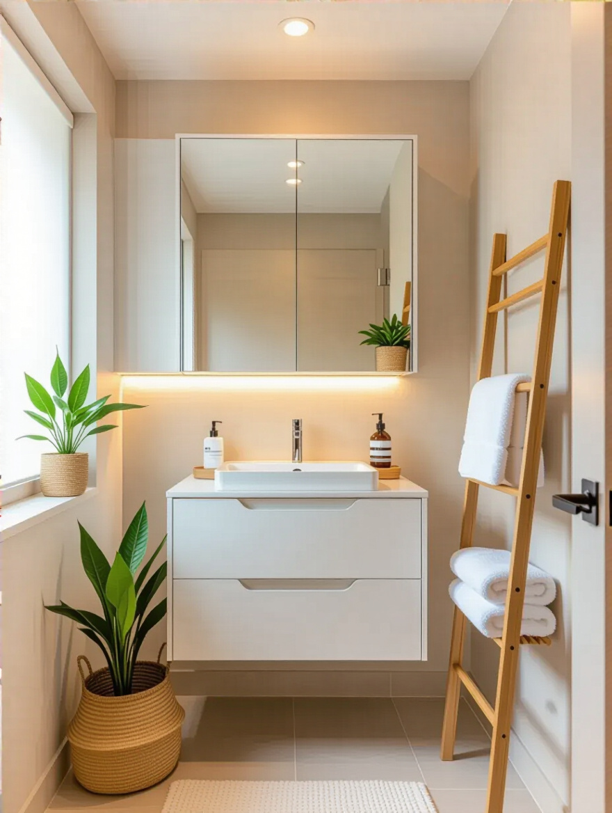 Small bathroom with smart, compact dual-purpose accessories including recessed mirrored cabinet and wall-mounted bamboo ladder shelves