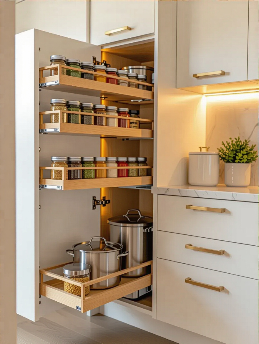 Modern kitchen with specialized storage for spices, pans, and waste bins