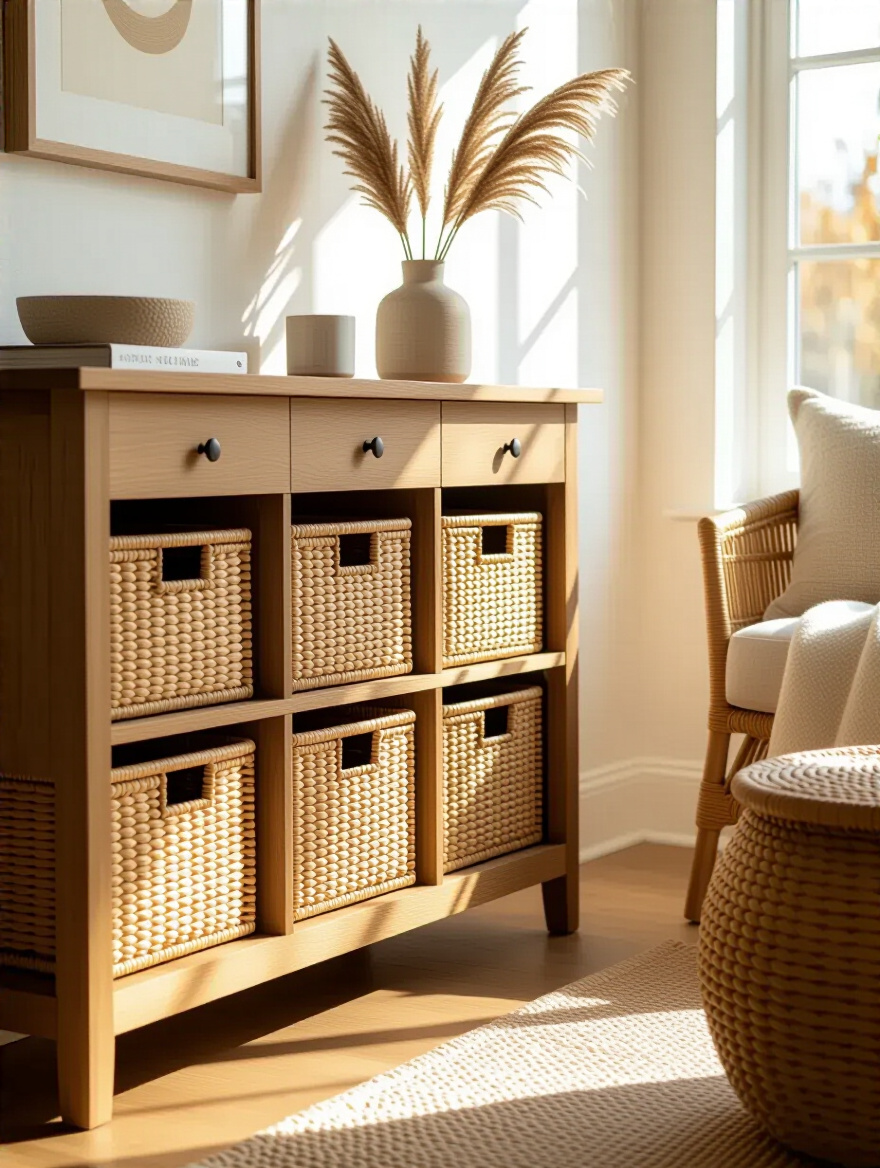 Cozy living room corner with stylish woven storage baskets under a wooden console table, natural warm lighting highlighting textures