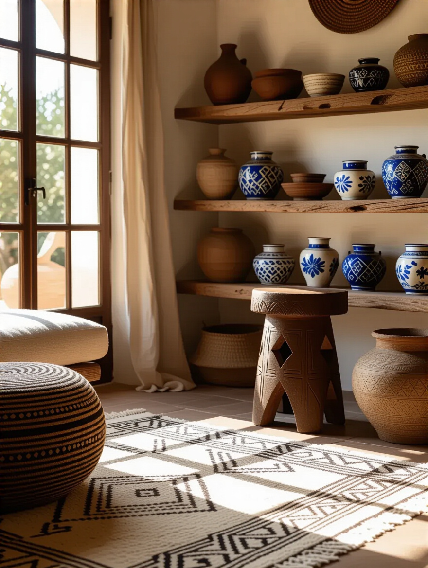 Eclectic living room corner with authentic global-inspired decor including Moroccan rug, carved wooden stool, and hand-painted ceramics