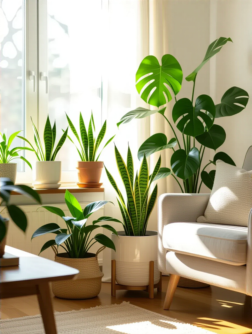 Cozy living room corner with live indoor plants enhancing air quality and visual serenity, natural light highlighting green foliage