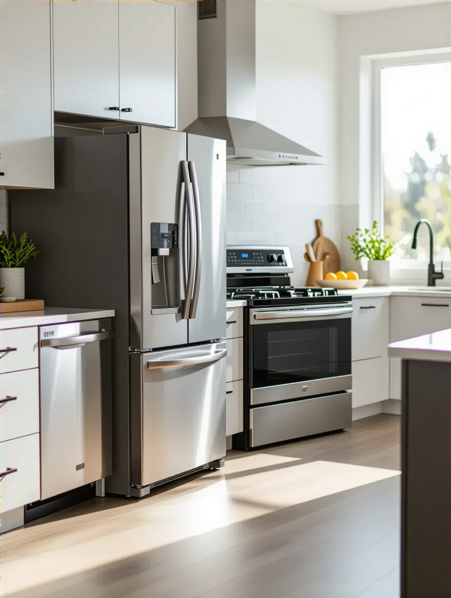 Modern kitchen featuring ENERGY STAR certified appliances, highlighting energy efficiency and eco-friendly design.