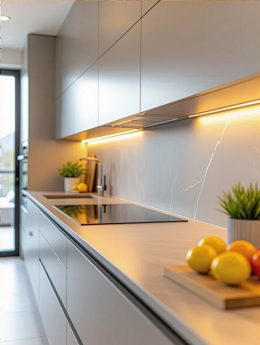 Contemporary kitchen backsplash with large-format sintered stone slab, seamless design, and under-cabinet lighting highlighting easy-to-clean surface
