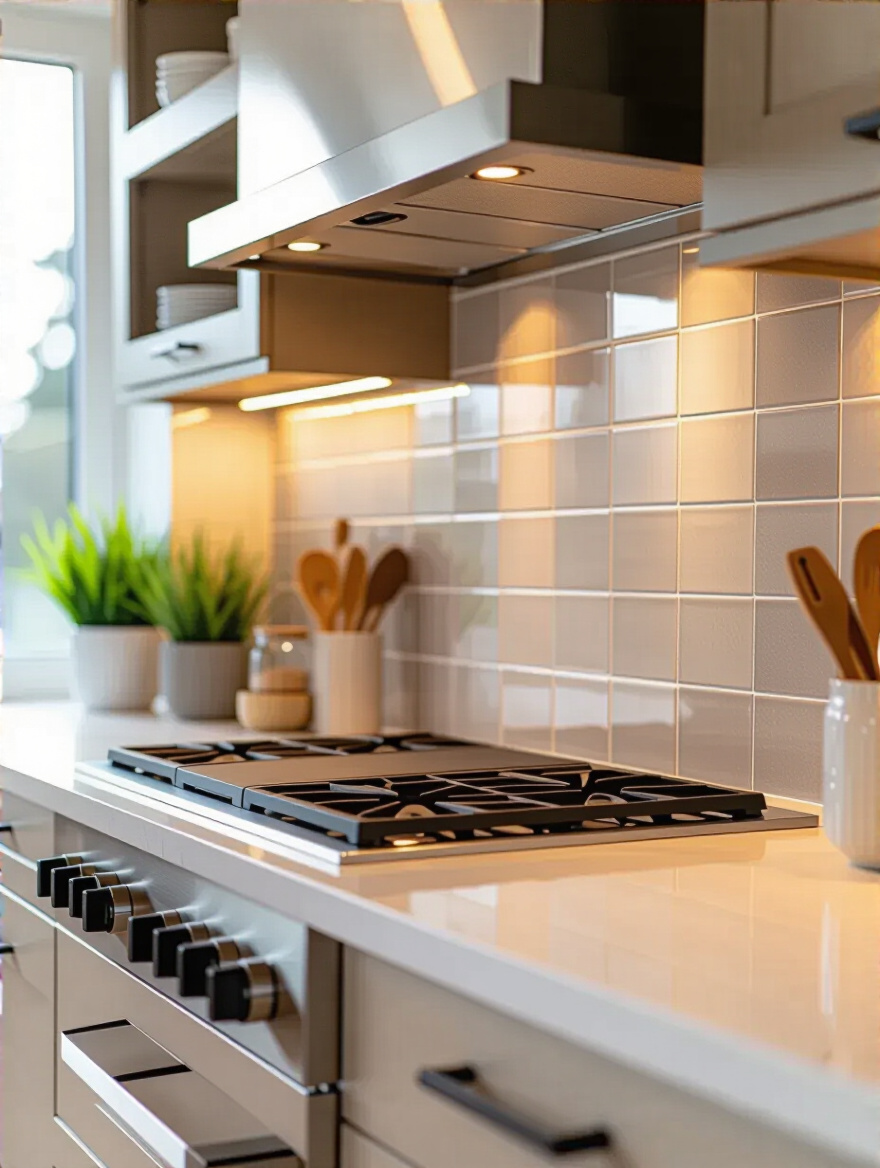 Contemporary kitchen backsplash close-up showing tile and grout color choice enhancing backsplash pattern
