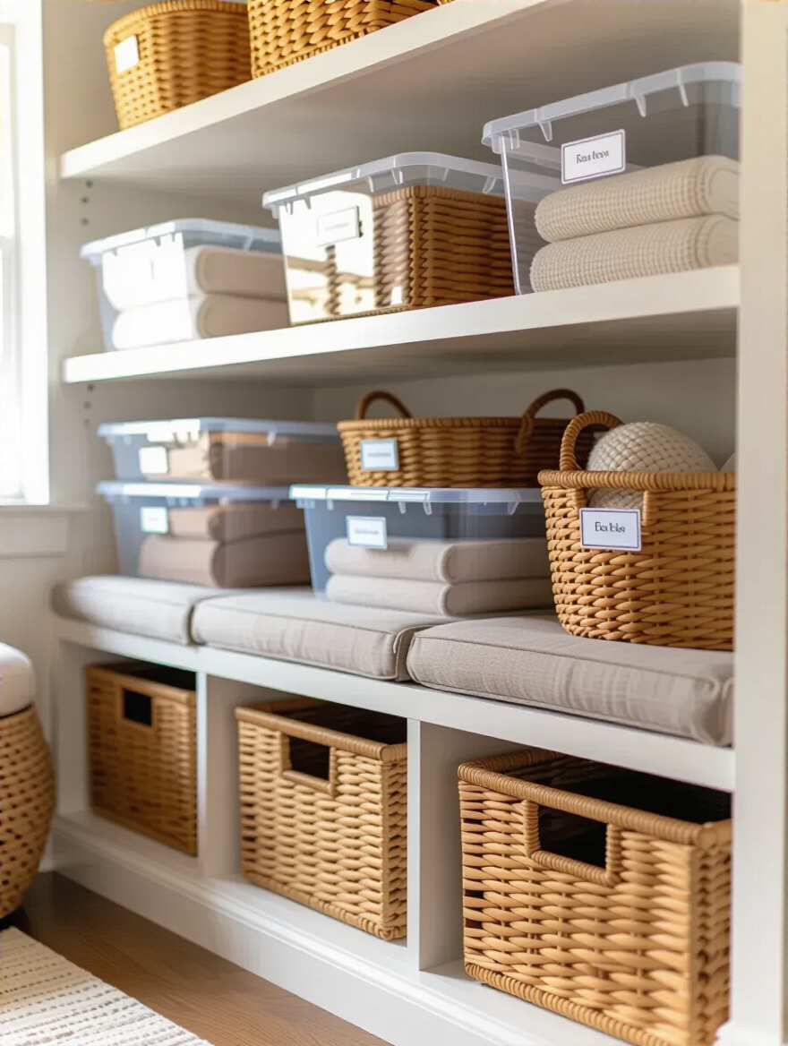 Organized cozy living room storage with clearly labeled containers for easy item retrieval