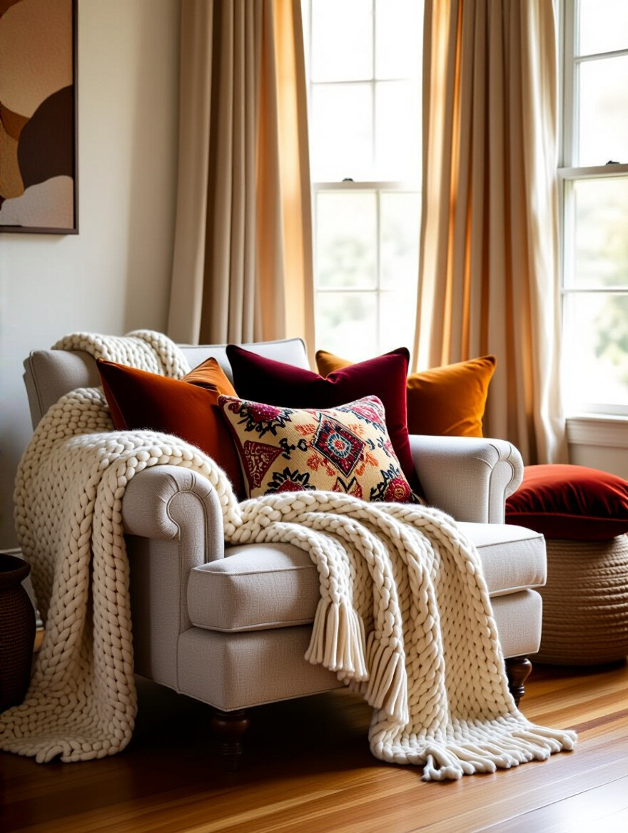 Eclectic living room corner with layered throws, pillows, and drapes showcasing diverse textiles for warmth