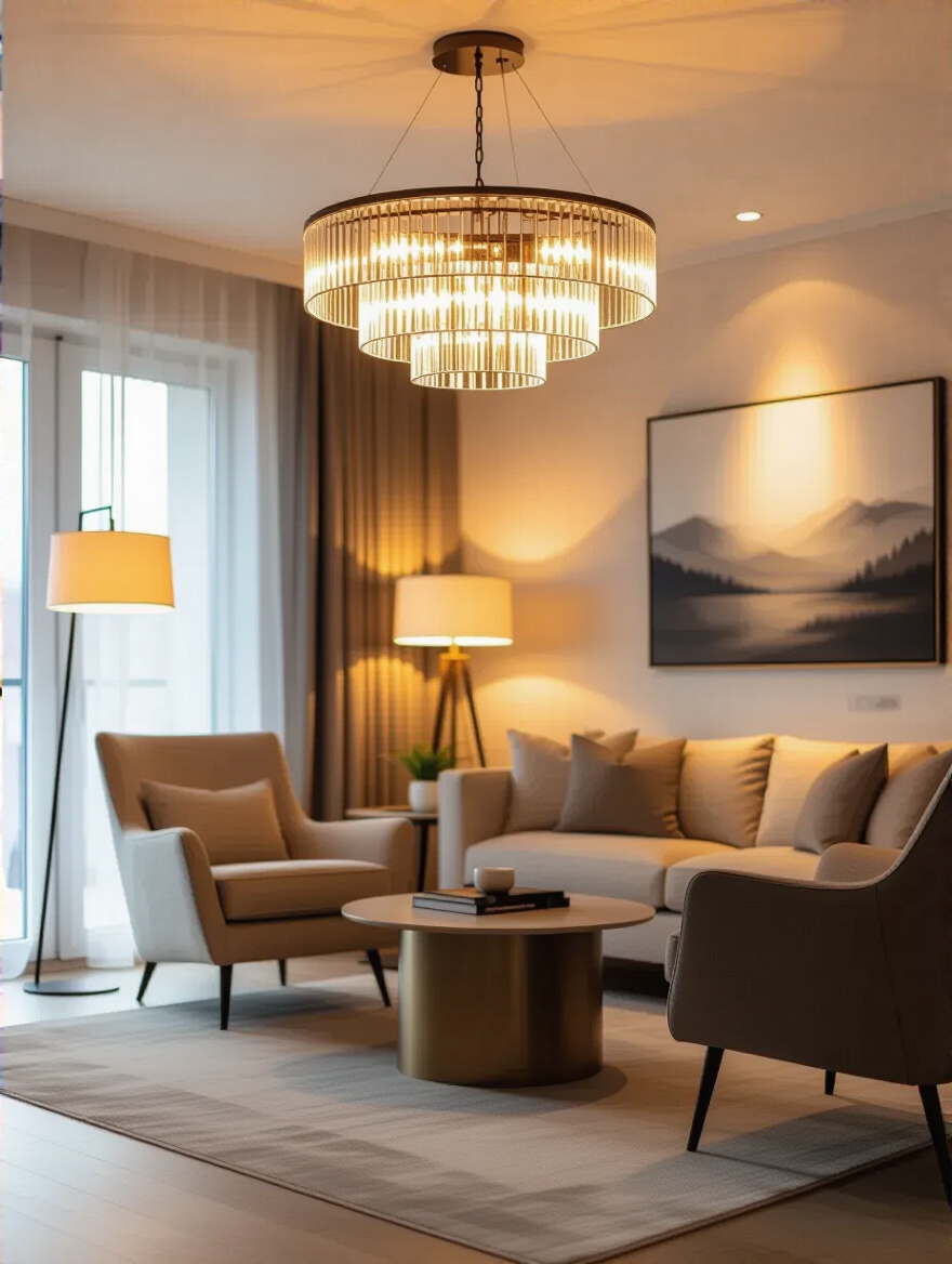 Modern living room with layered ambient, task, and accent lighting creating warm ambiance and functional zones