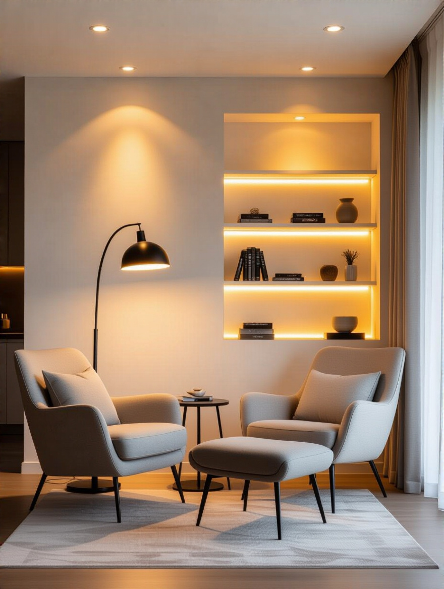 Small living room with layered lighting including ambient ceiling lights, task floor lamp, and accent LED strips creating depth and warm ambiance