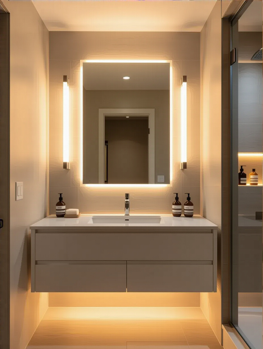 Small modern bathroom with layered task, ambient, and accent lighting creating depth and spaciousness