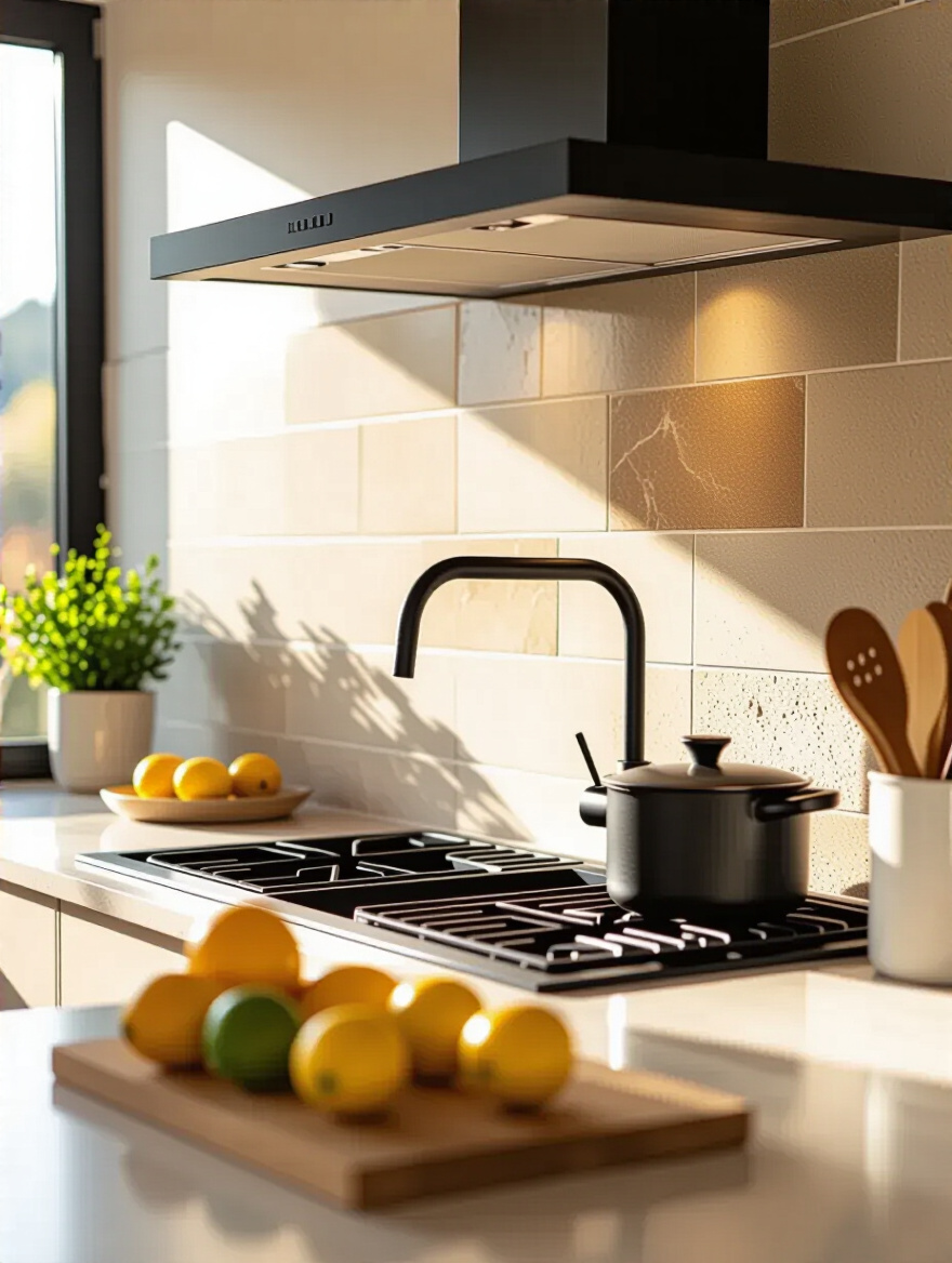 Contemporary kitchen backsplash with natural stone and ceramic tiles showing clean, sealed surfaces under natural light