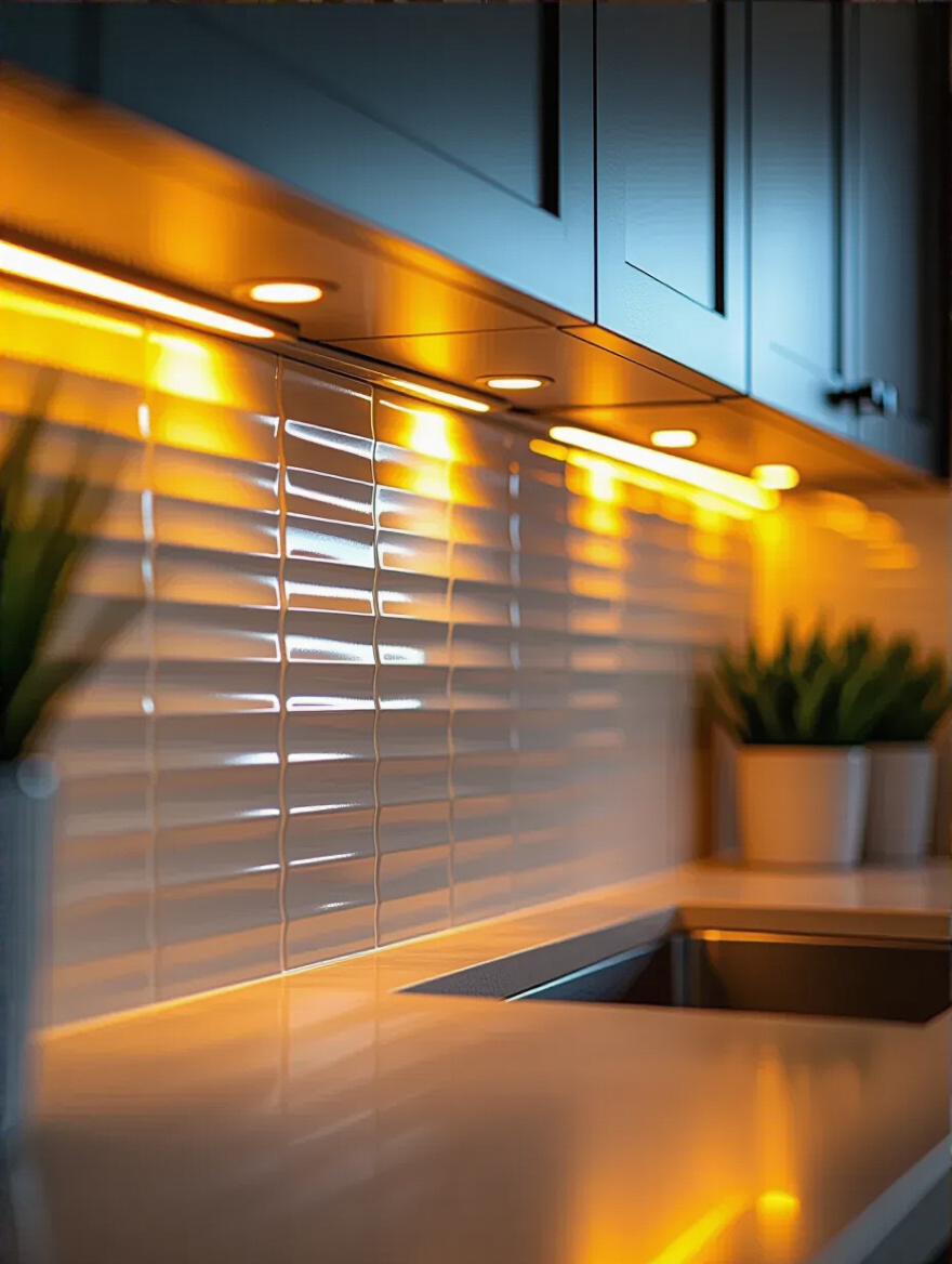 Contemporary kitchen backsplash with textured tiles illuminated by warm under-cabinet LED lighting highlighting texture and ambiance