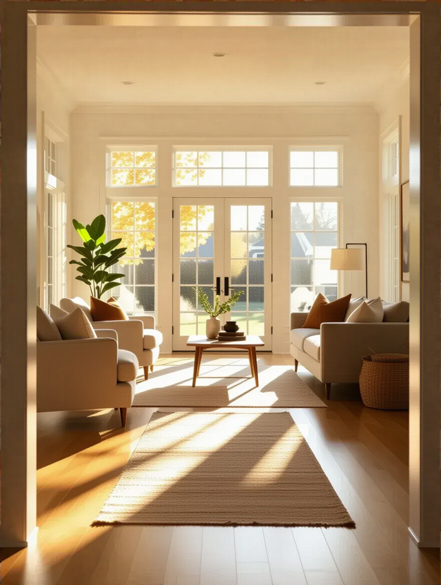 Cozy living room with a clear and spacious pathway for easy movement and openness, warm natural lighting, no people