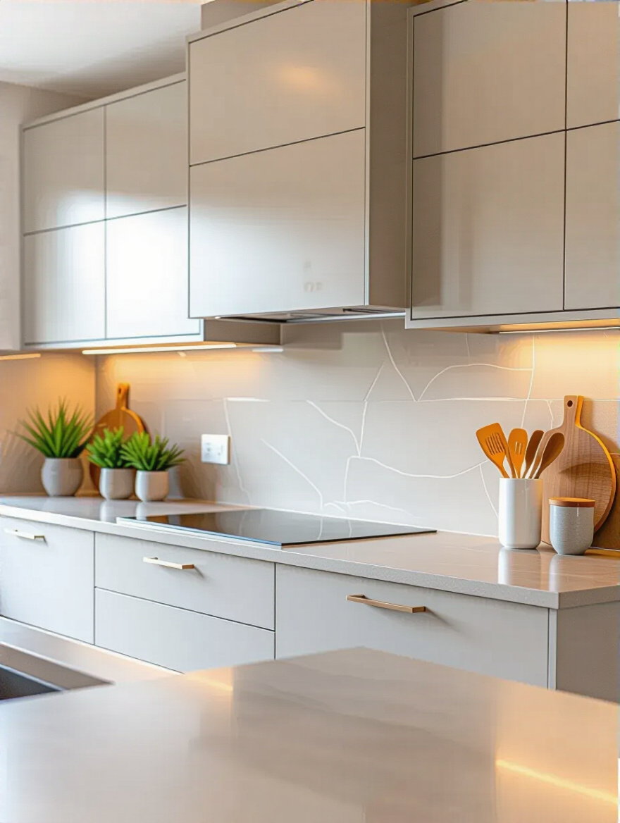 Contemporary kitchen backsplash matching color palette with countertops and cabinetry in a harmonious design