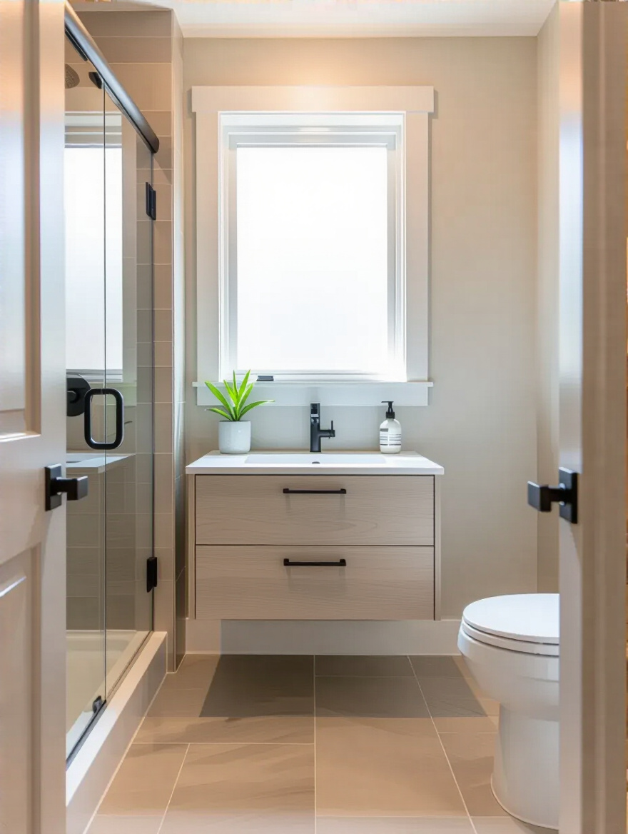 Small bathroom interior showing a floating vanity with clear unobstructed traffic flow between door, toilet, and shower