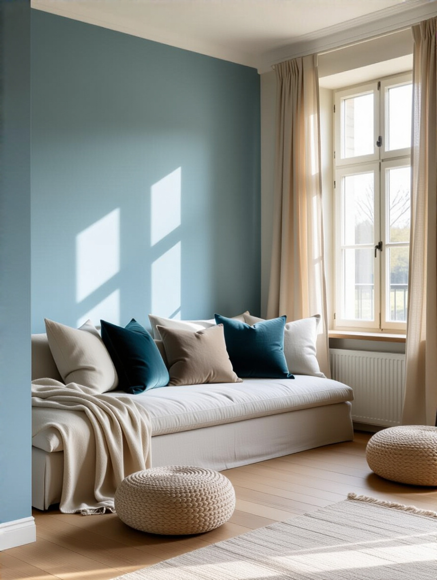 Living room corner with harmonious blue and off-white color palette and textured textiles under soft natural lighting