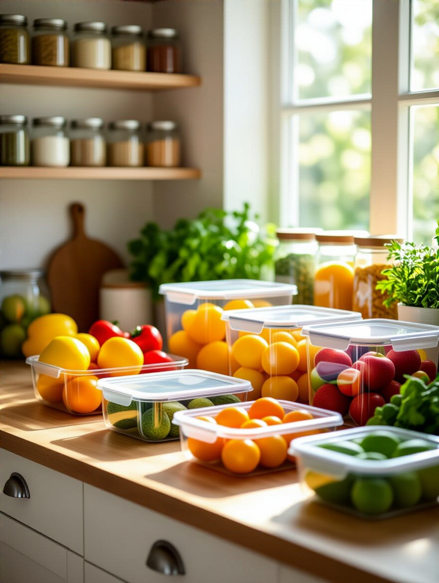 Organized kitchen with food storage techniques for waste reduction