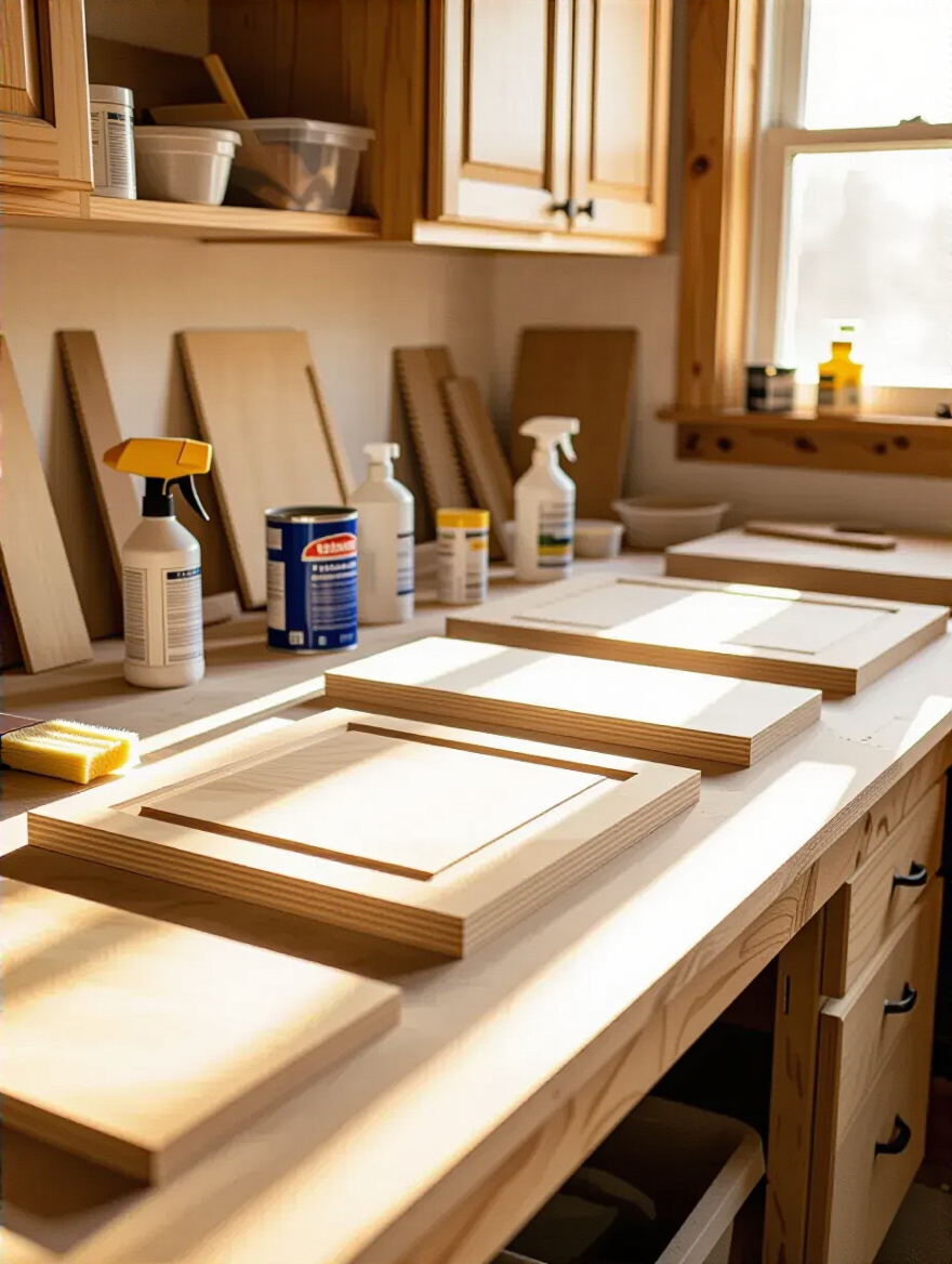 Workshop scene with kitchen cabinet components and surface preparation tools
