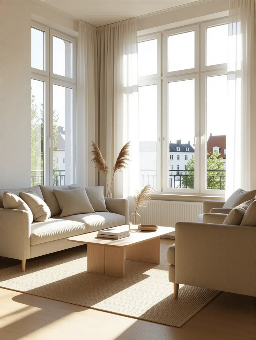 Bright and airy small living room with unobstructed windows and light curtains