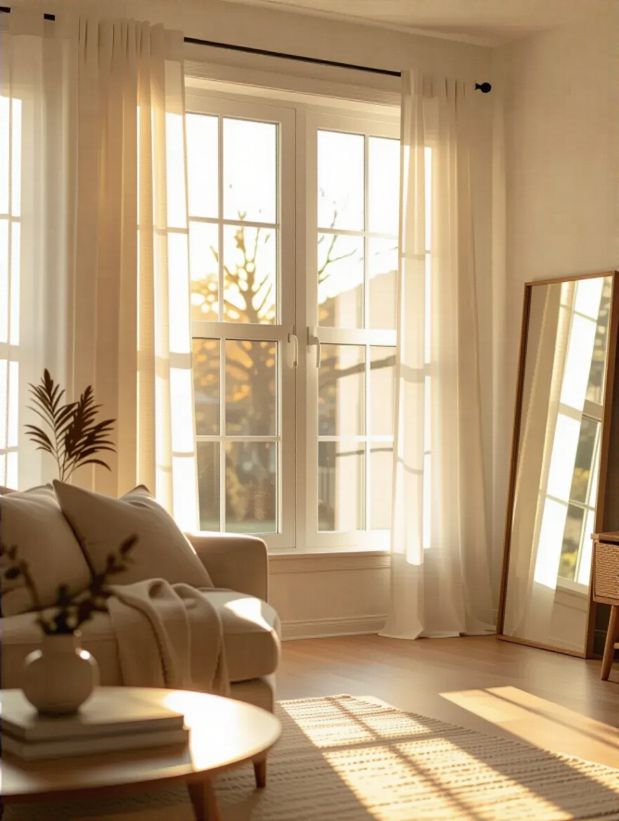 Cozy living room interior with large windows, sheer curtains, reflective mirror, and bright natural sunlight enhancing room warmth