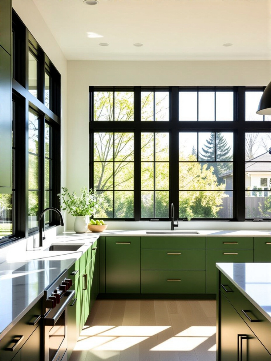 Bright modern kitchen with ample natural light and reflective surfaces