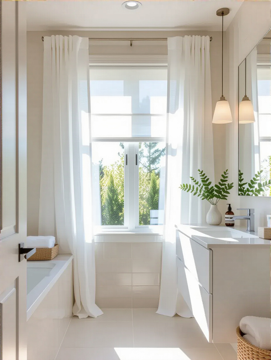 Small bathroom with sheer linen curtains and translucent roller shades maximizing natural light
