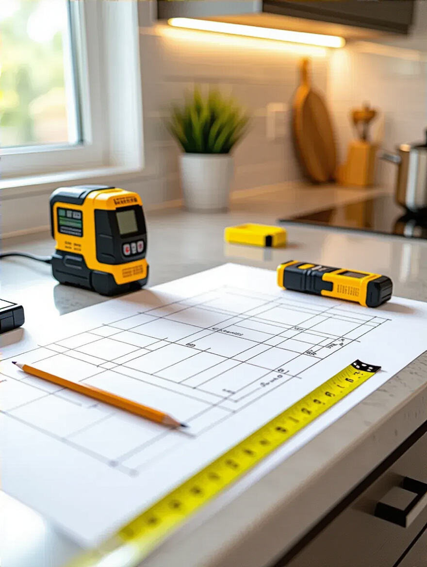 Contemporary kitchen backsplash measurement setup with laser measurer, graph paper diagram, and steel tape
