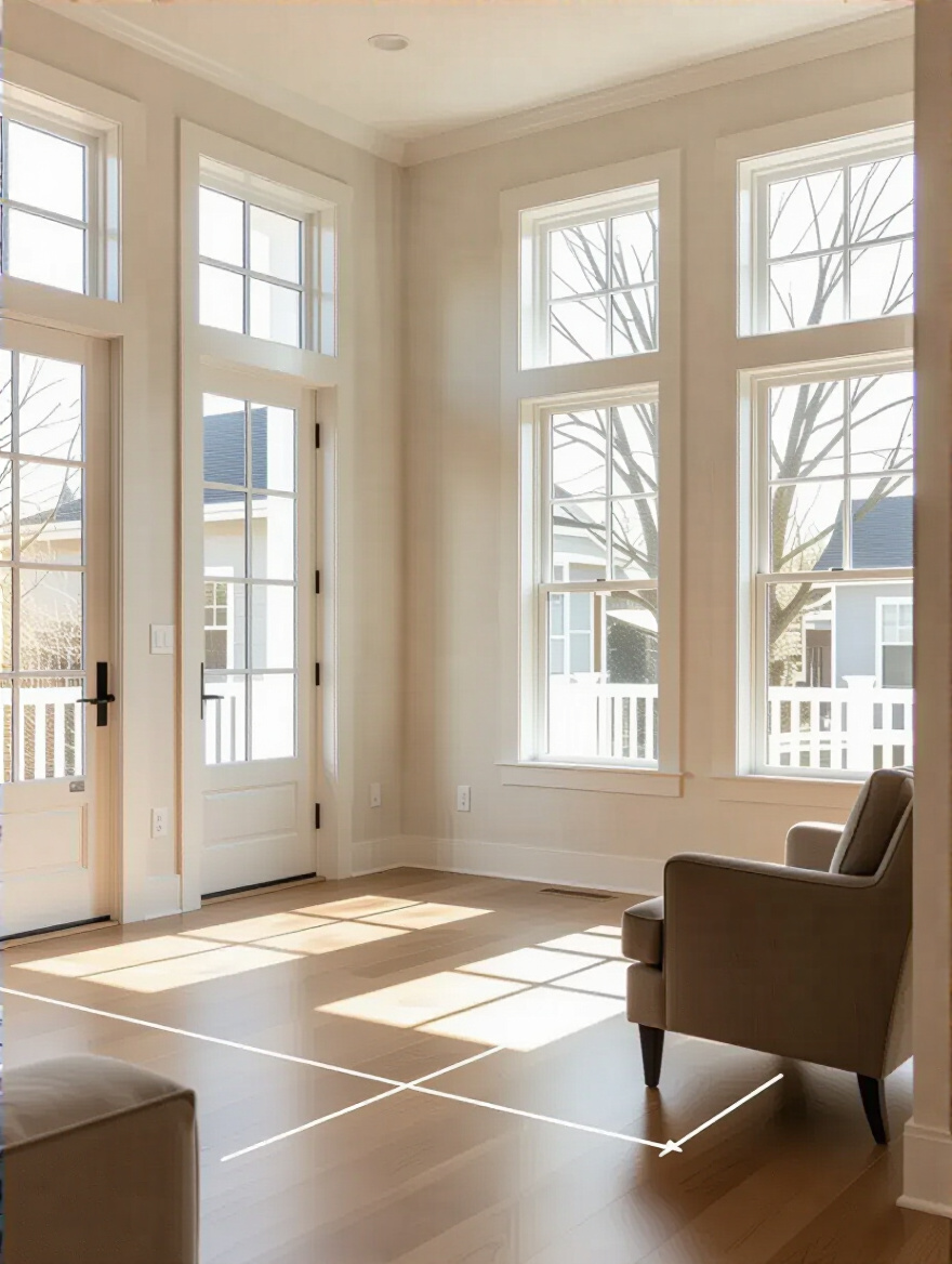 Empty modern living room with visible dimension markings illustrating precise space measurement for furniture fit