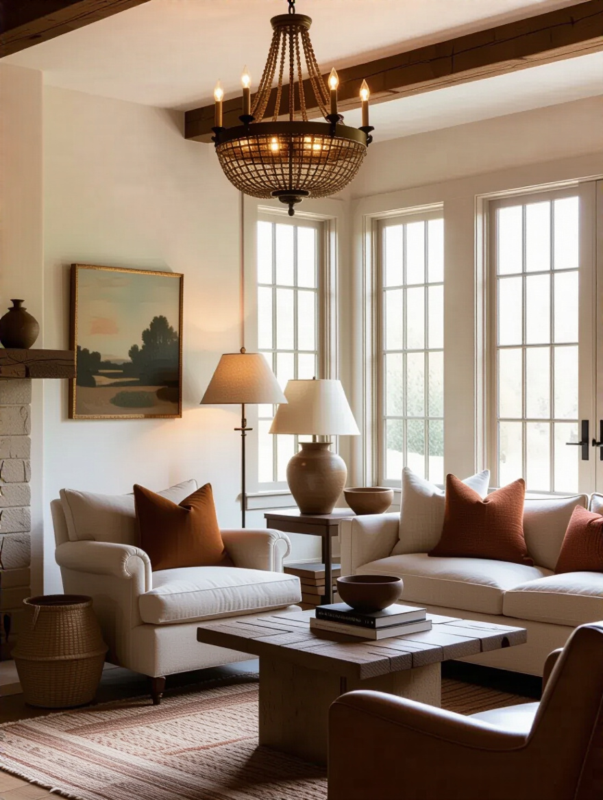 Eclectic living room with mixed lighting styles and heights creating a layered ambiance featuring chandelier, floor lamp, and table lamps
