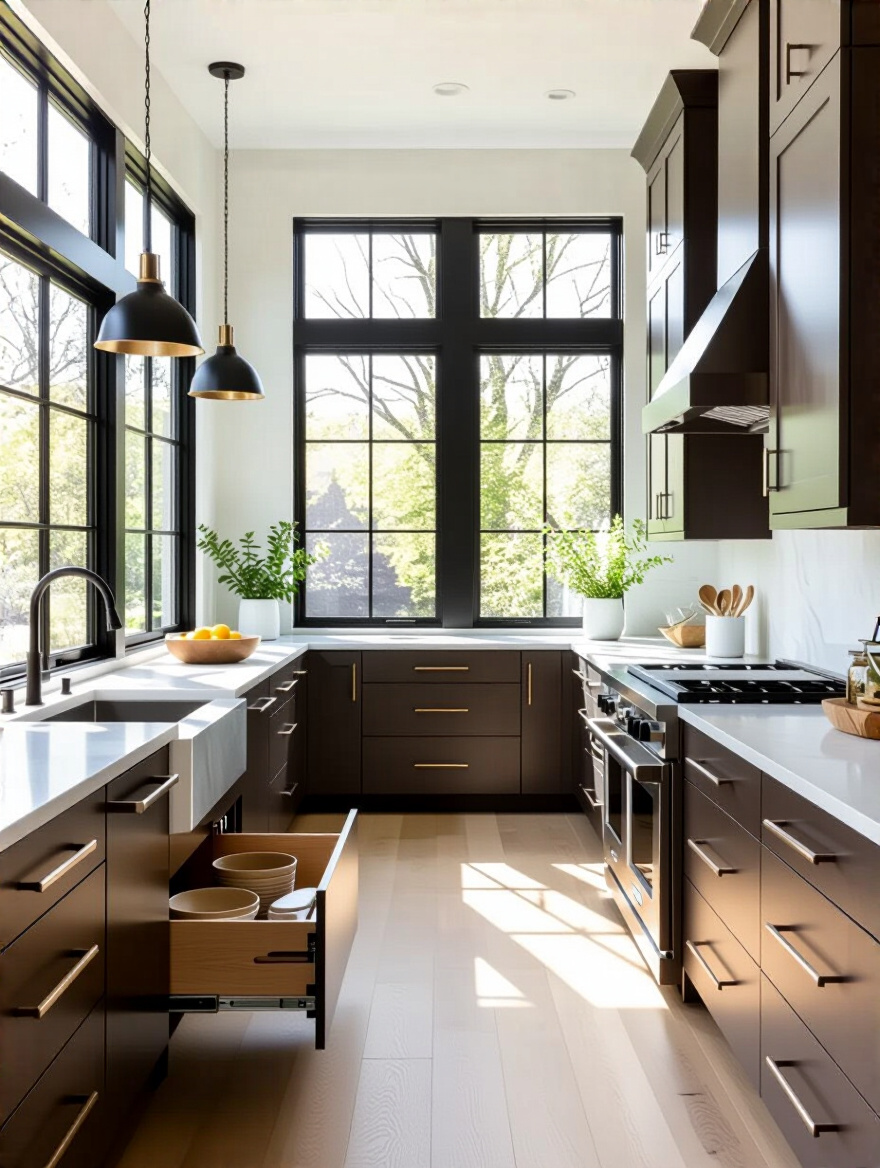 Modern kitchen with adjustable cabinet heights for enhanced ergonomics