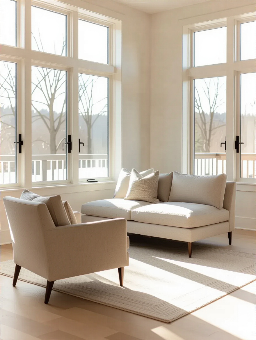 Small living room with armless sofa and slim-arm chair maximizing seating area and openness