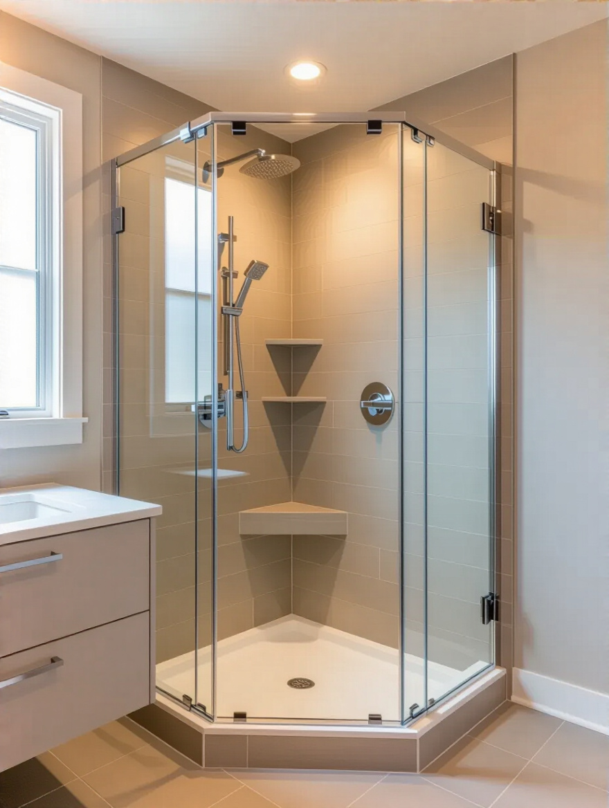 Modern small bathroom with a neo-angle corner shower featuring frameless glass enclosure and optimized layout