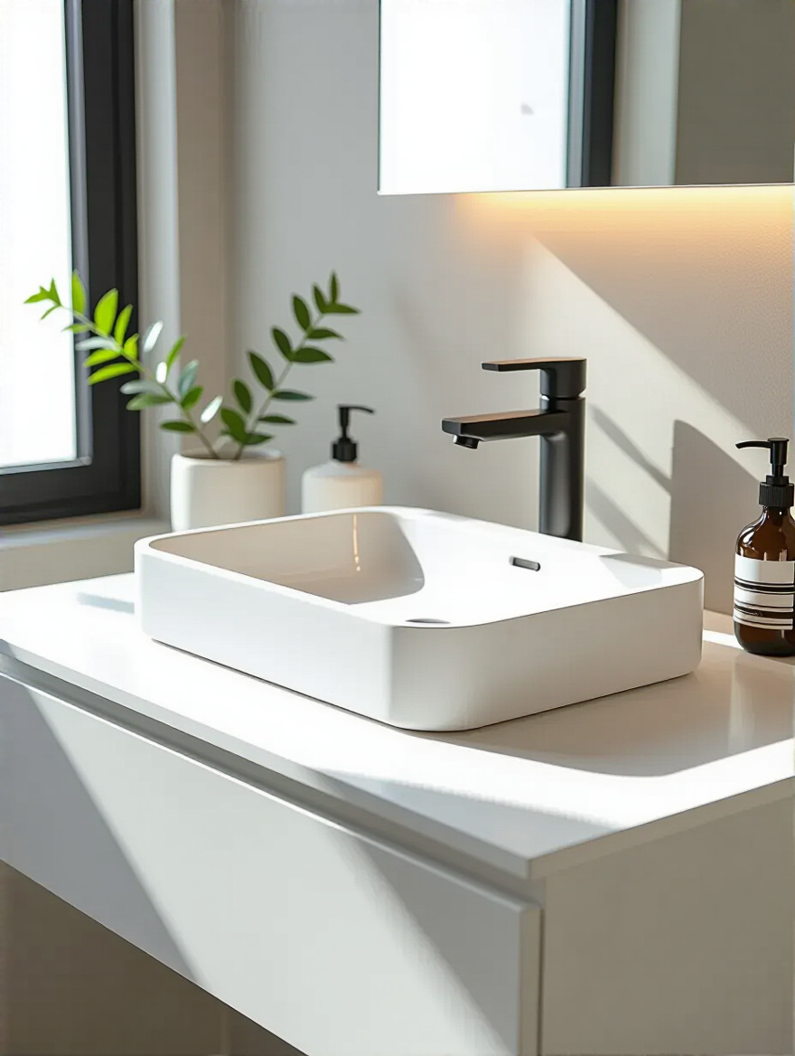 Small bathroom vanity with a modern white integrated sink and seamless countertop under soft natural lighting