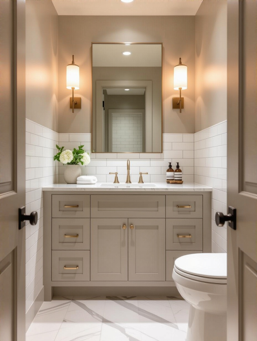Small bathroom with monochromatic soft greige design featuring matte tiles, honed marble vanity, and brushed metal fixtures creating a cohesive and spacious look