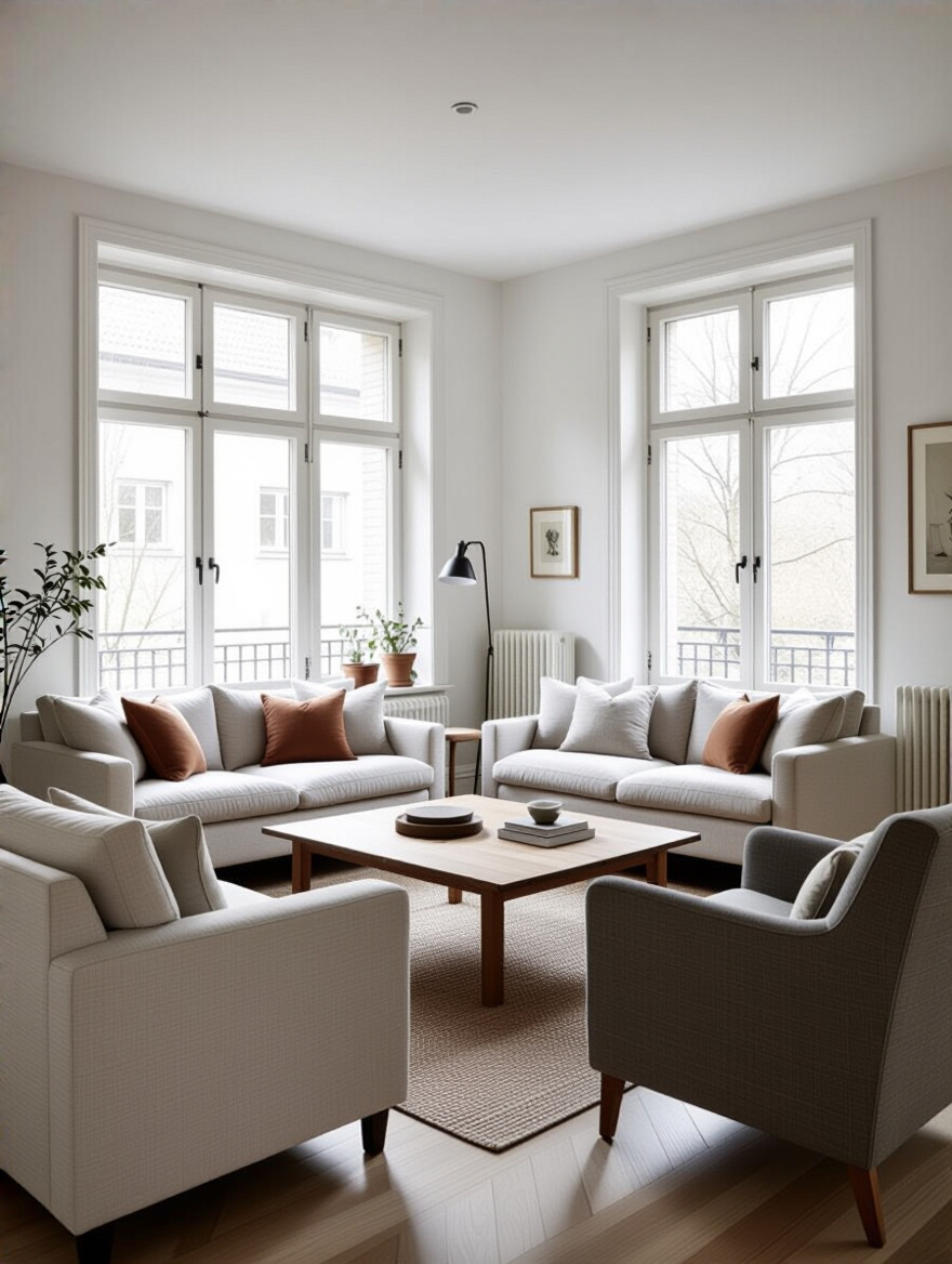Cozy living room with furniture arranged for intimate conversation and clear heat flow, featuring a warm and inviting atmosphere