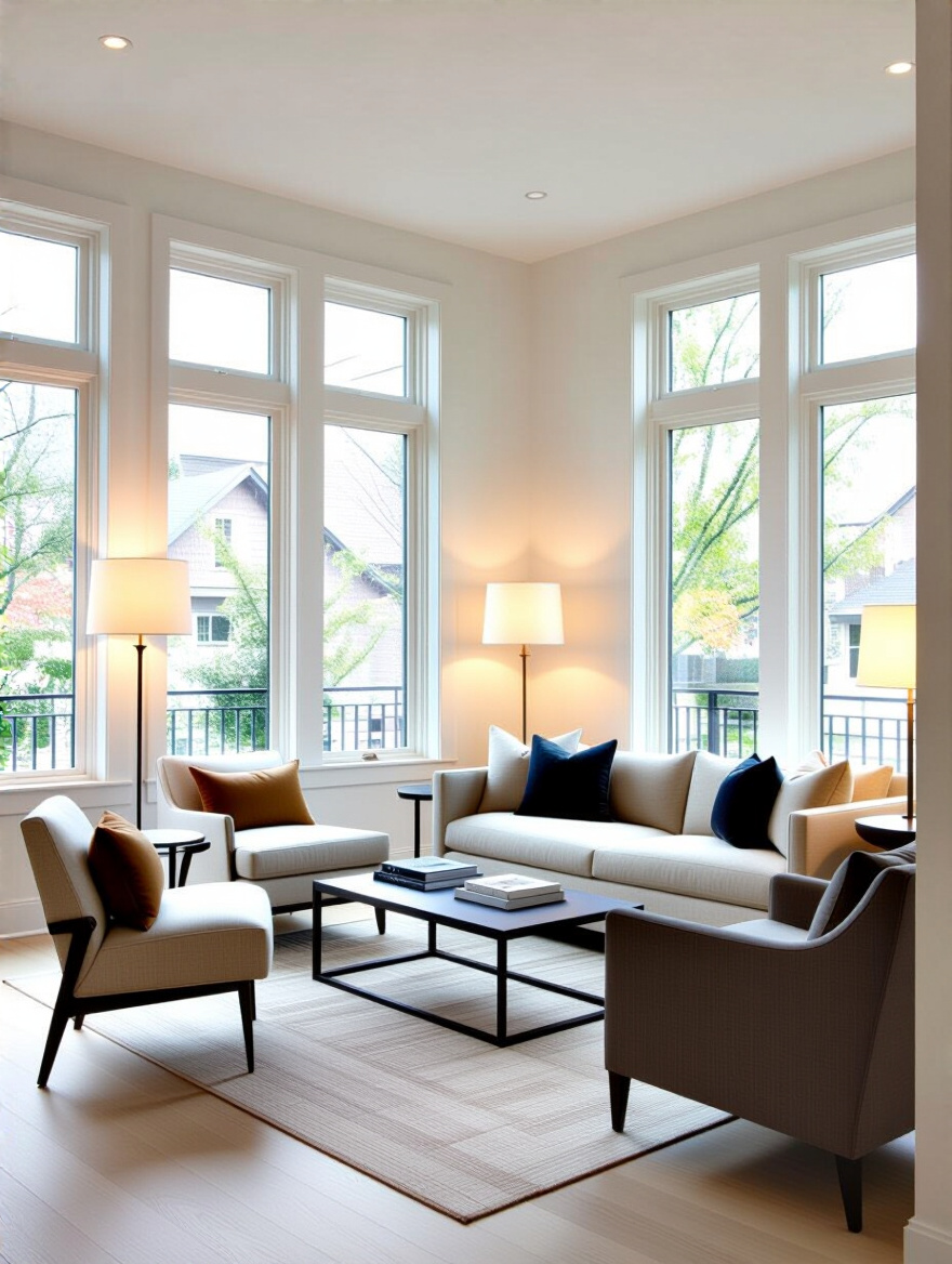 Modern living room optimized for ideal flow and comfort with well-arranged furniture and clear pathways