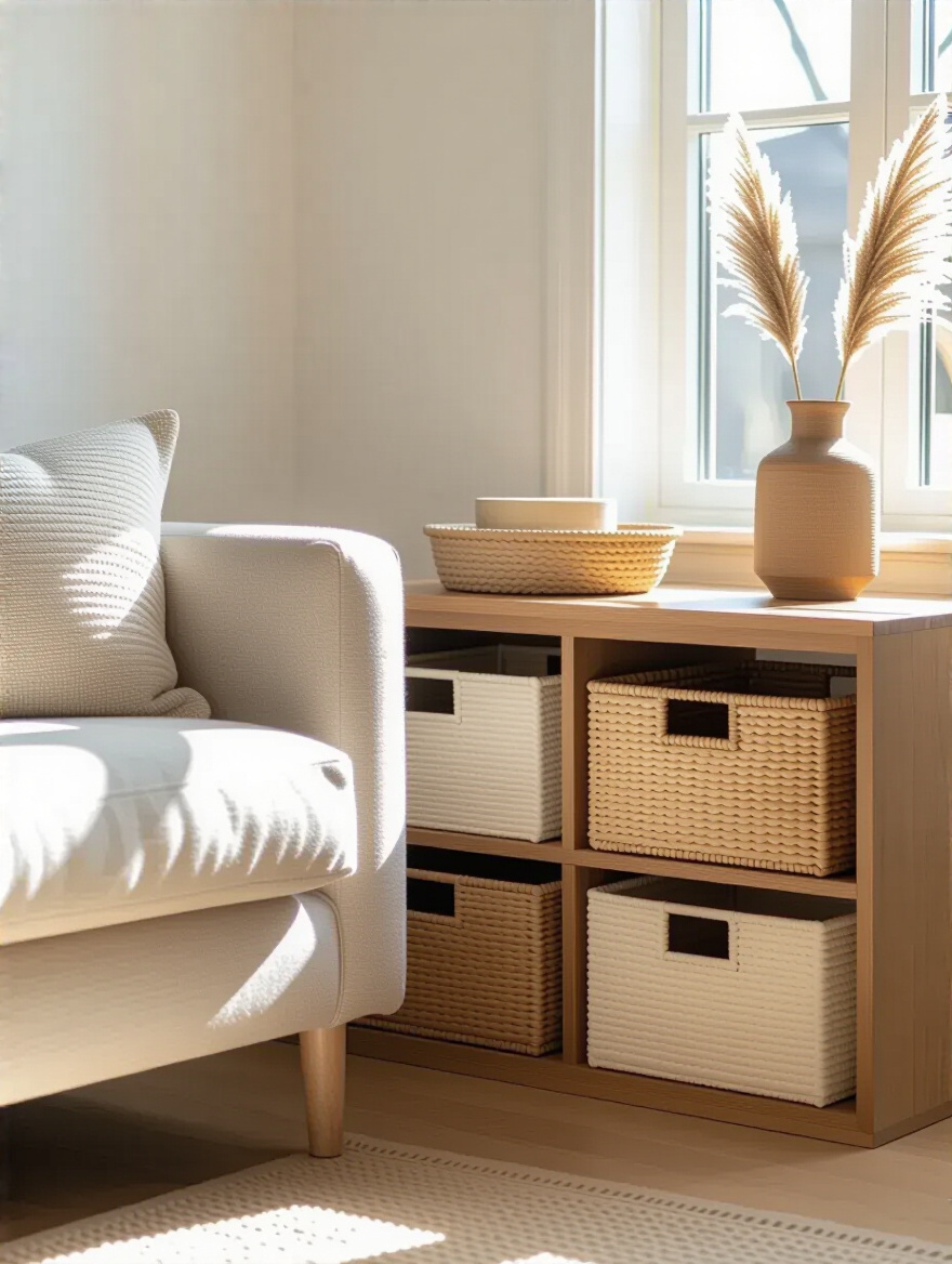 Stylish woven baskets and bins neatly arranged under a wooden side table in a small living room corner, bathed in natural light
