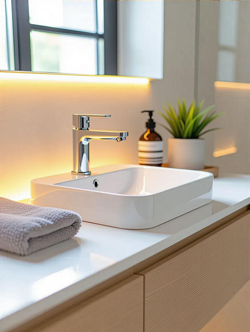 Small bathroom vanity with space-saving wall-mounted faucet and integrated sink combination in a bright modern bathroom