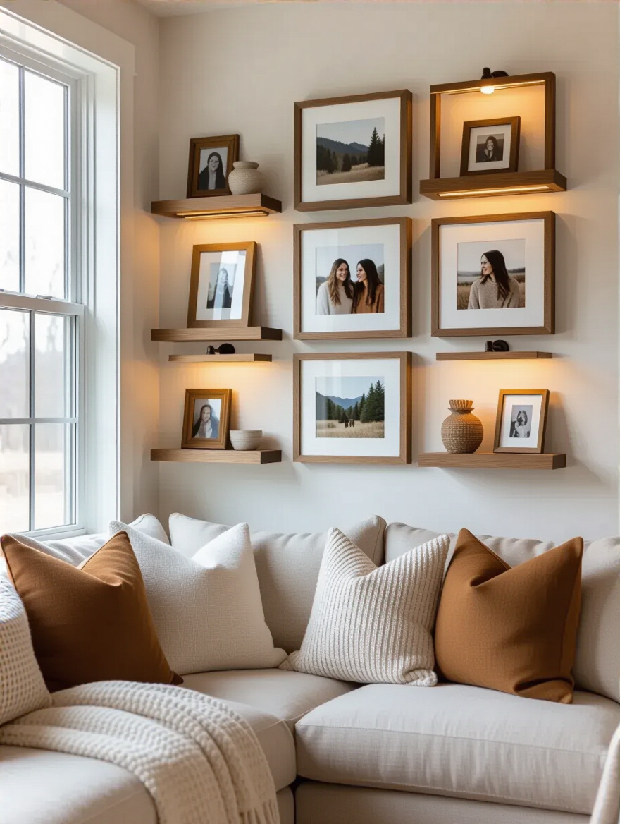 Cozy living room corner with gallery wall of cherished photos and sentimental keepsakes on floating shelves, warmly lit