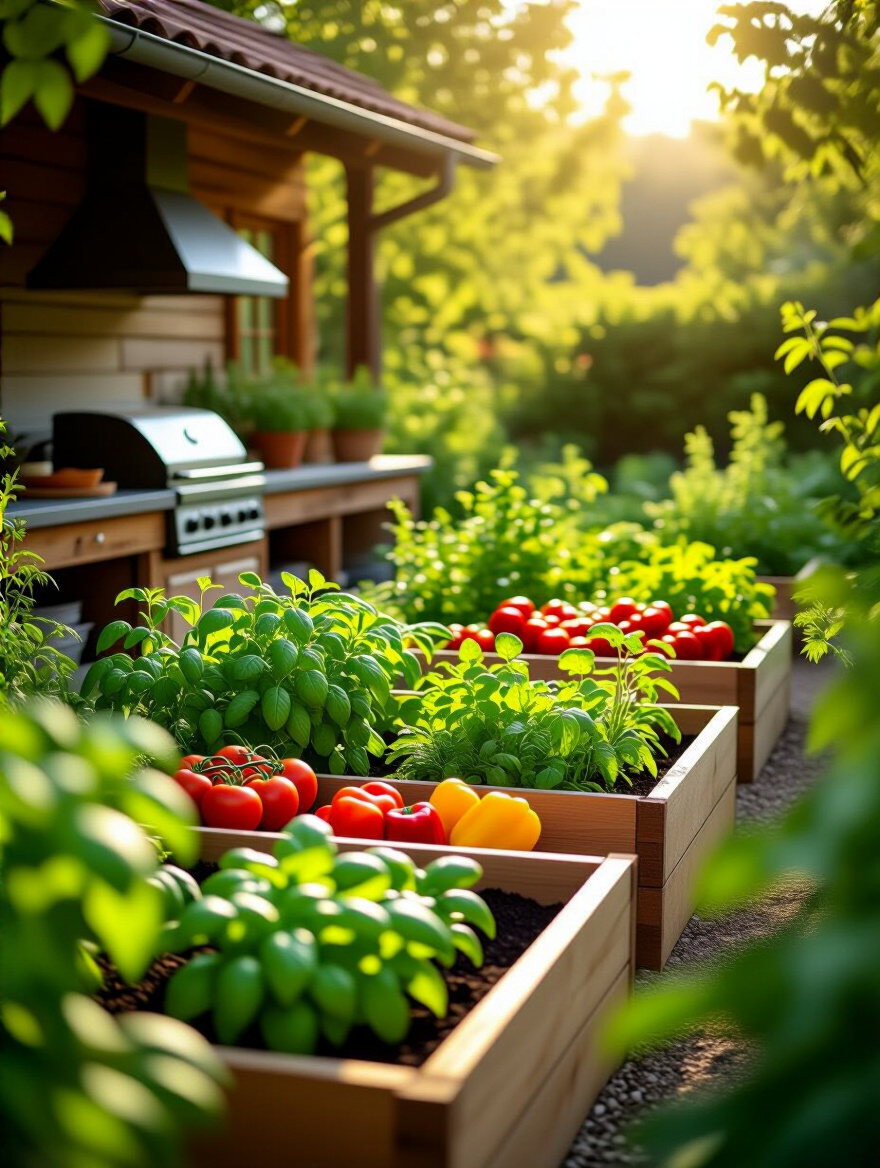 Outdoor kitchen garden filled with herbs and vegetables near a rustic kitchen
