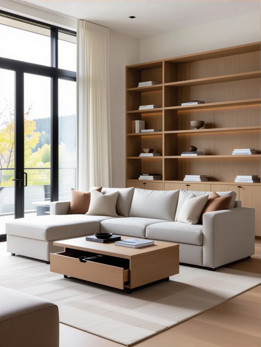 Modern living room with adaptable multi-functional furniture including sofa bed and lift-top coffee table, no people