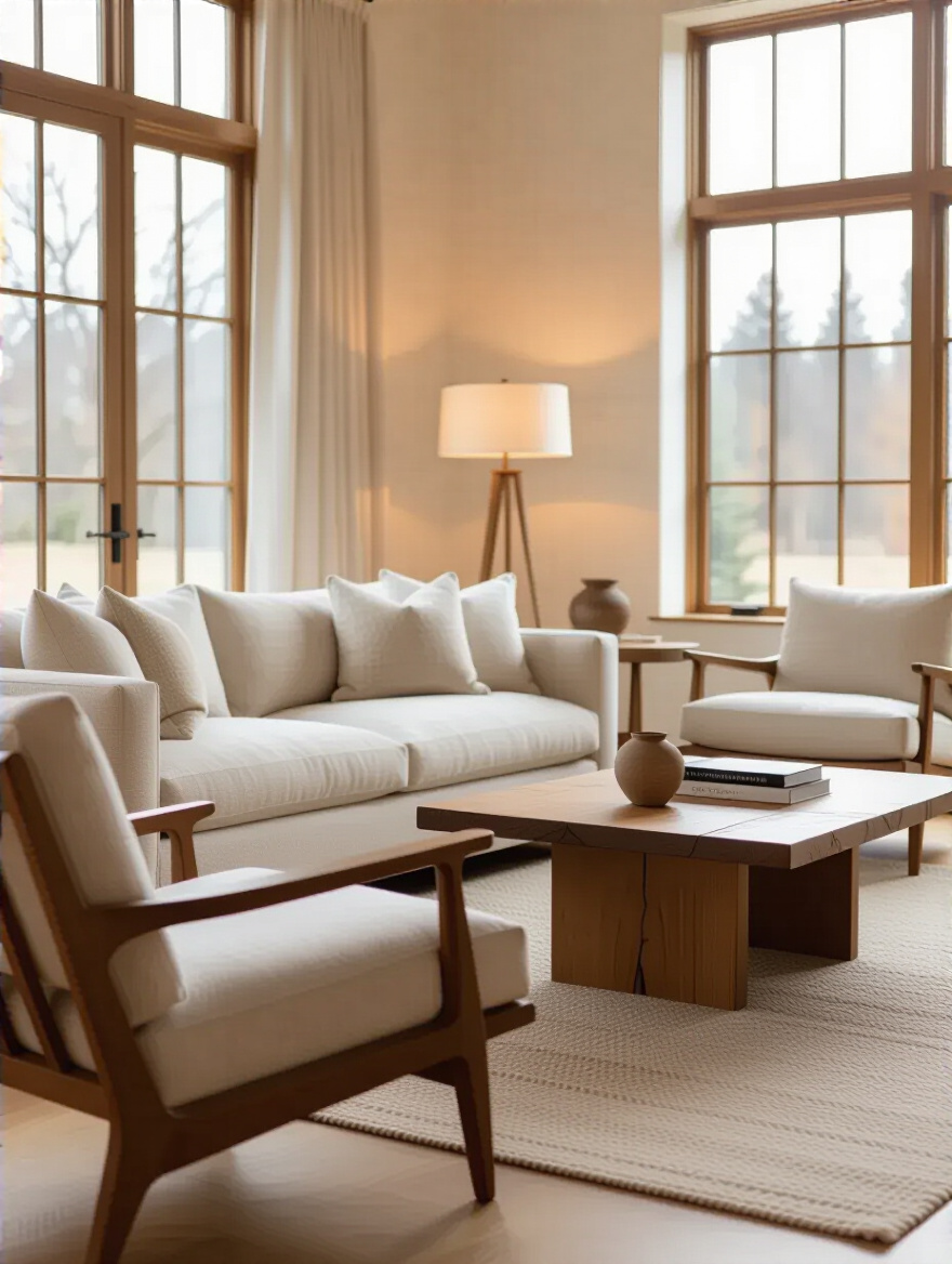 Living room with durable and comfortable core furniture including sofa, armchair, and solid wood table in natural daylight