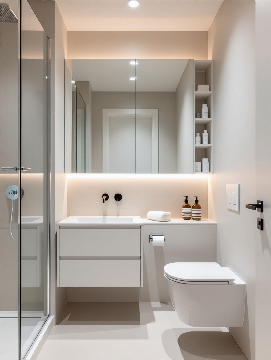 Minimalist small bathroom with wall-mounted vanity and wall-hung toilet showcasing functionality and clean design