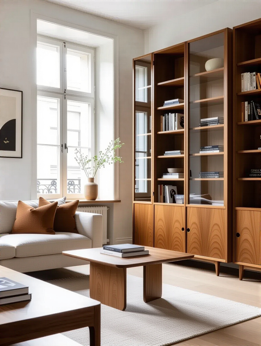 A well-designed small living room emphasizing vertical furniture elements with tall bookshelves and elegant decor.